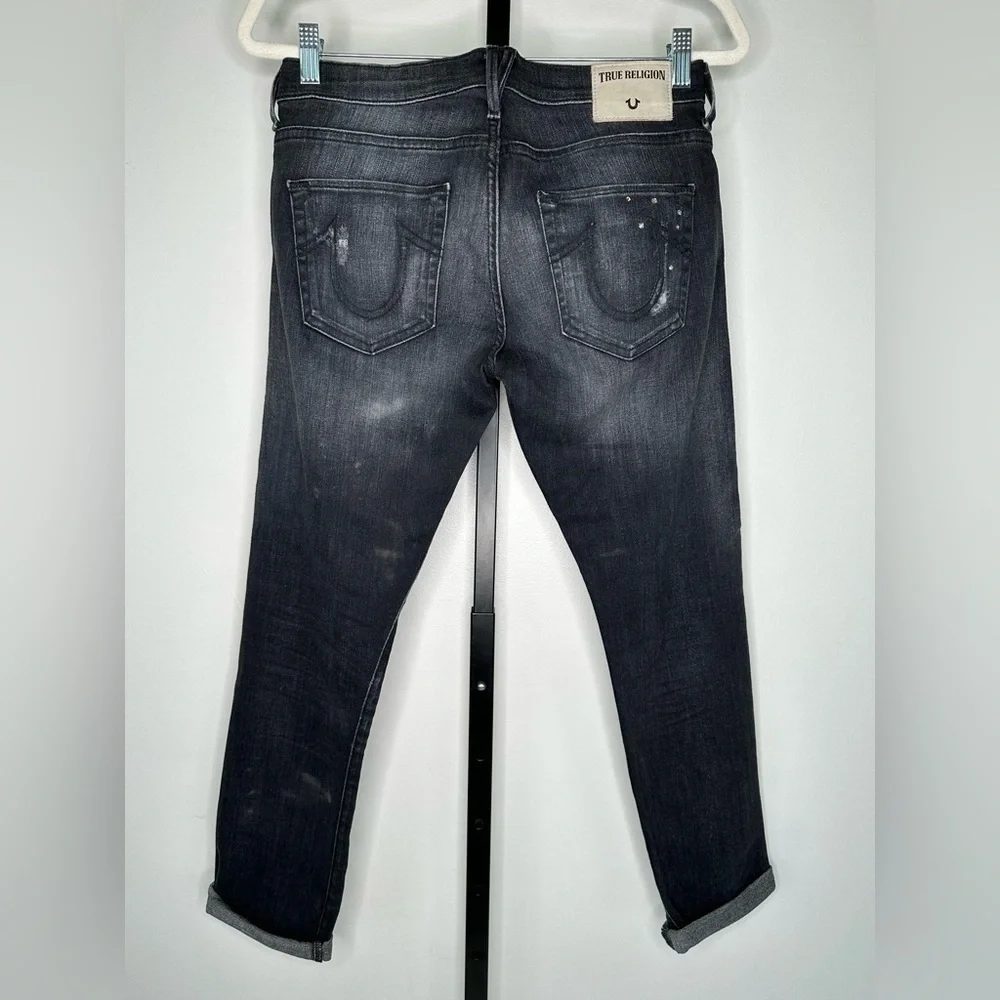 True Religion Women's Low Rise Relaxed Skinny Jeans with Rhinestones distressed